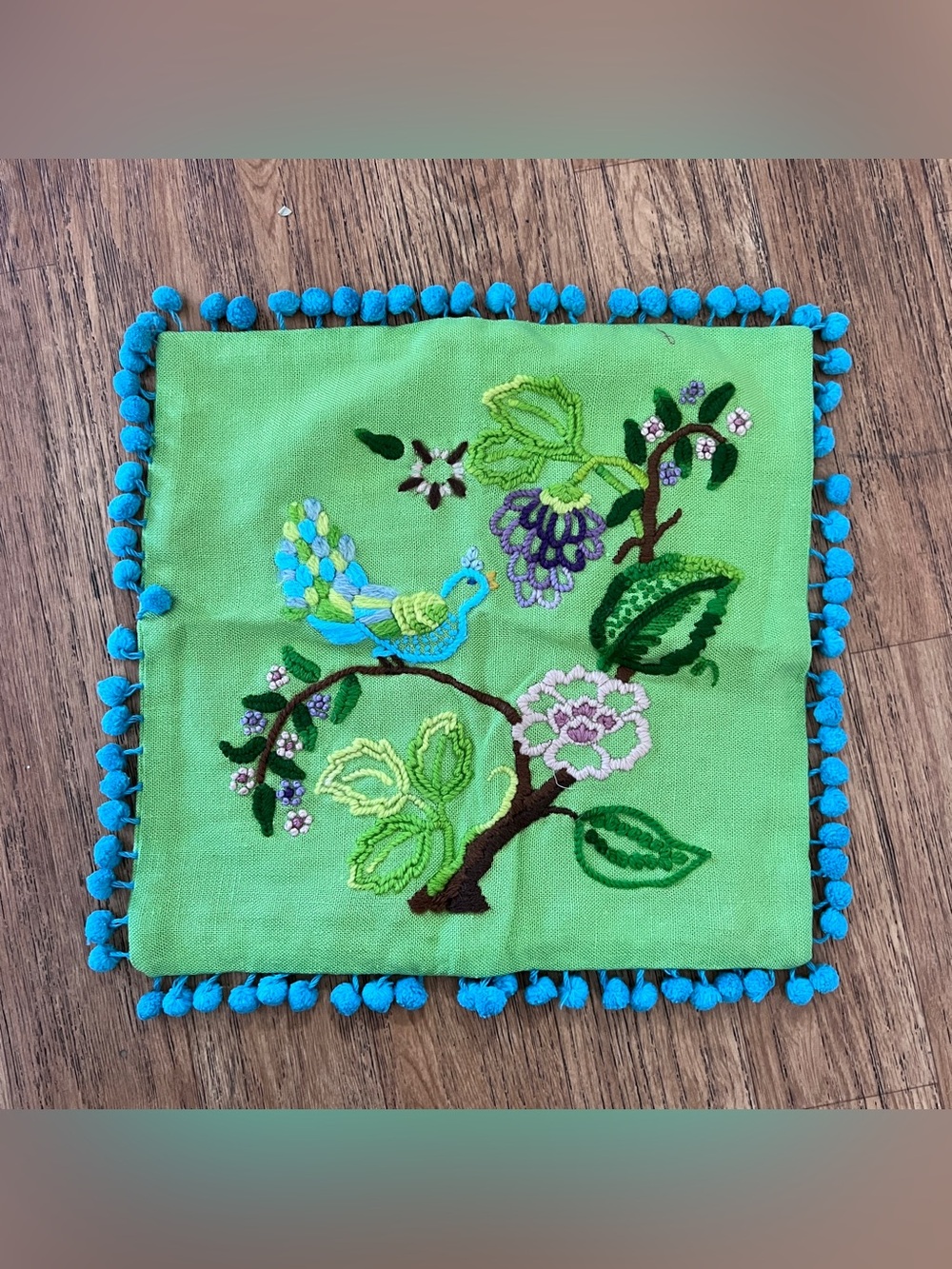 Embroidered Green Floral Accent Pillow Cover with Blue Pom Trim Square boho bird